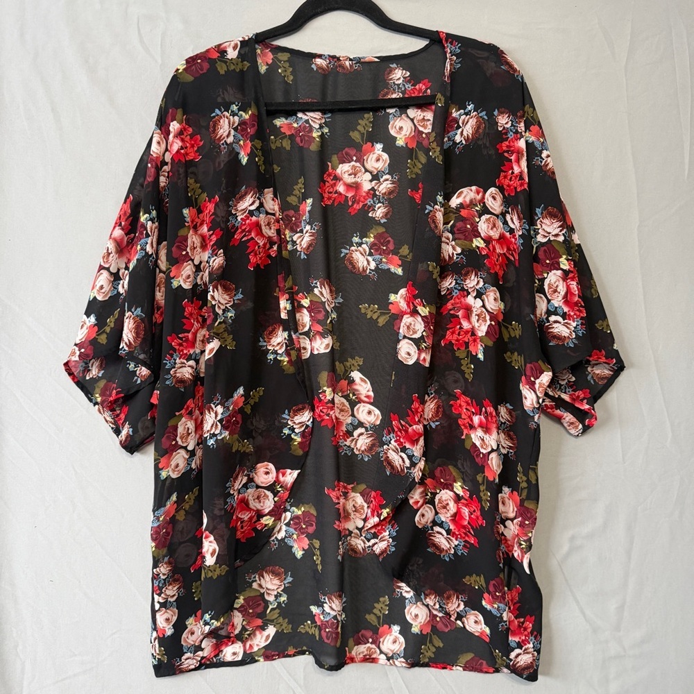 Unbranded Womens Floral Sheer Kimono Cardigan Size L Black Dark Romantic Coverup